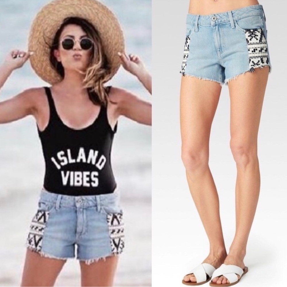 Paige Jeans Keira High Rise Frayed Denim Shorts Cotton Lyocell Mayan Piecing USA